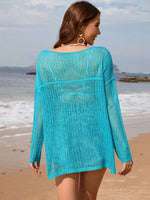 Openwork Slit Boat Neck Long Sleeve Cover-Up - Ladyez