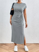 Honey Tied Striped Round Neck Short Sleeve Tee Dress - Ladyez