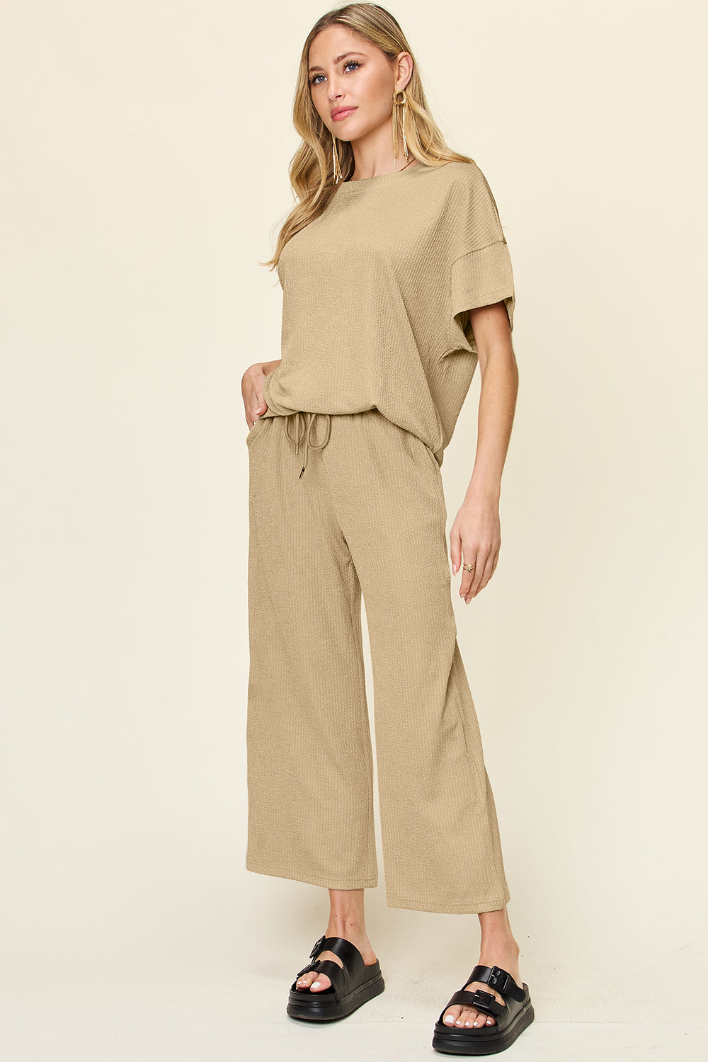 Double Take Full Size Texture Round Neck Short Sleeve T-Shirt and Wide Leg Pants - Ladyez