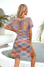 Angel Wings Openwork Contrast Short Sleeve Cover-Up - Ladyez
