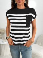 Striped Knit Pocket Detail Cap Sleeve Sweater