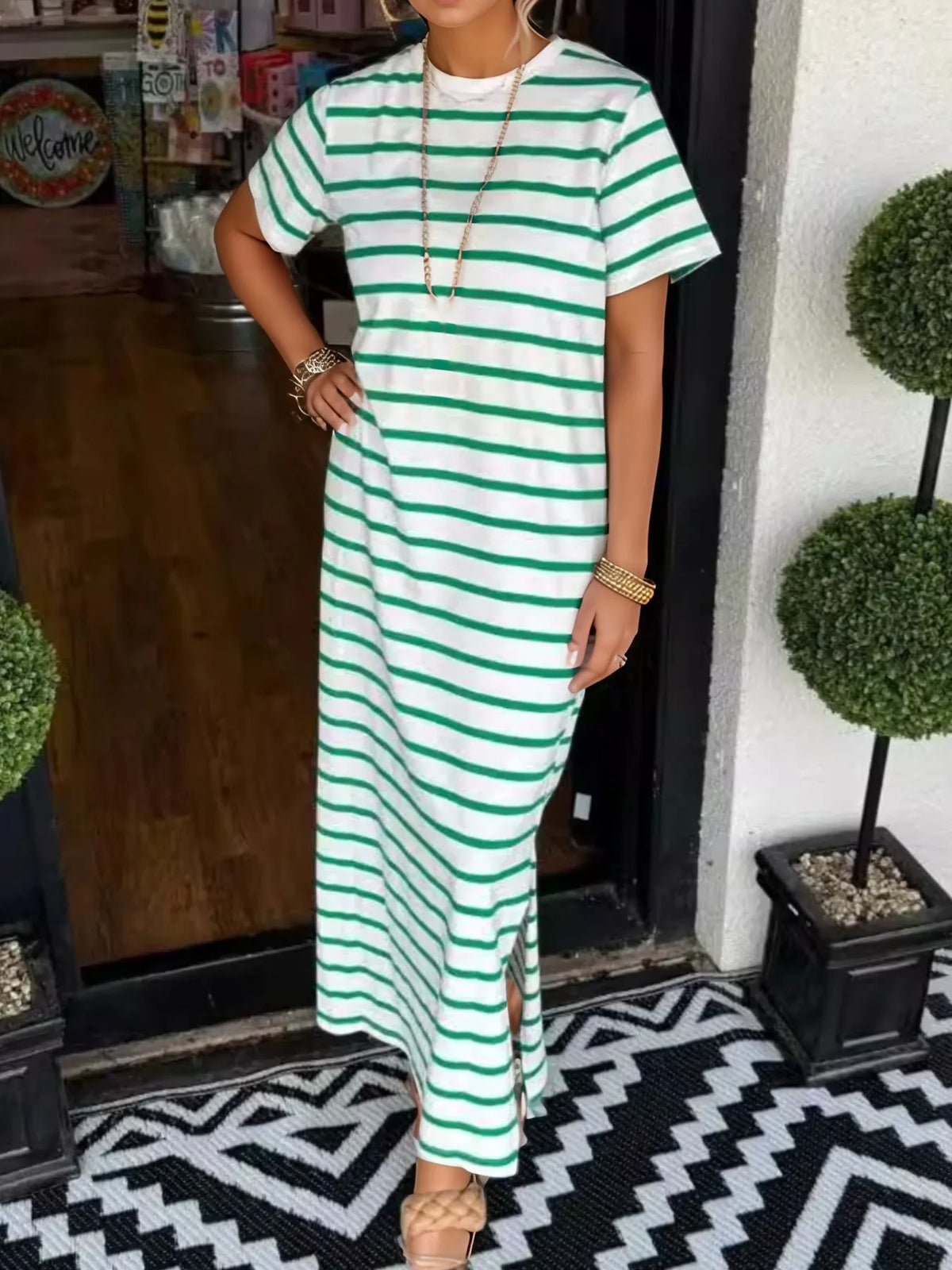 Full Size Striped T-Shirt Maxi Dress with Side Slit Plus Size - Ladyez