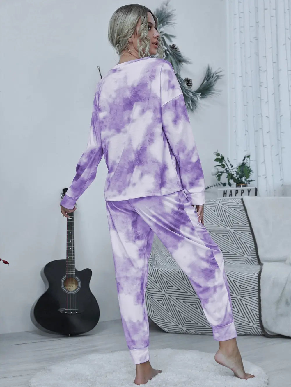 Shiny Tie-dye Round Neck Top and Drawstring Pants Lounge Set - Ladyez