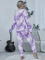 Shiny Tie-dye Round Neck Top and Drawstring Pants Lounge Set - Ladyez