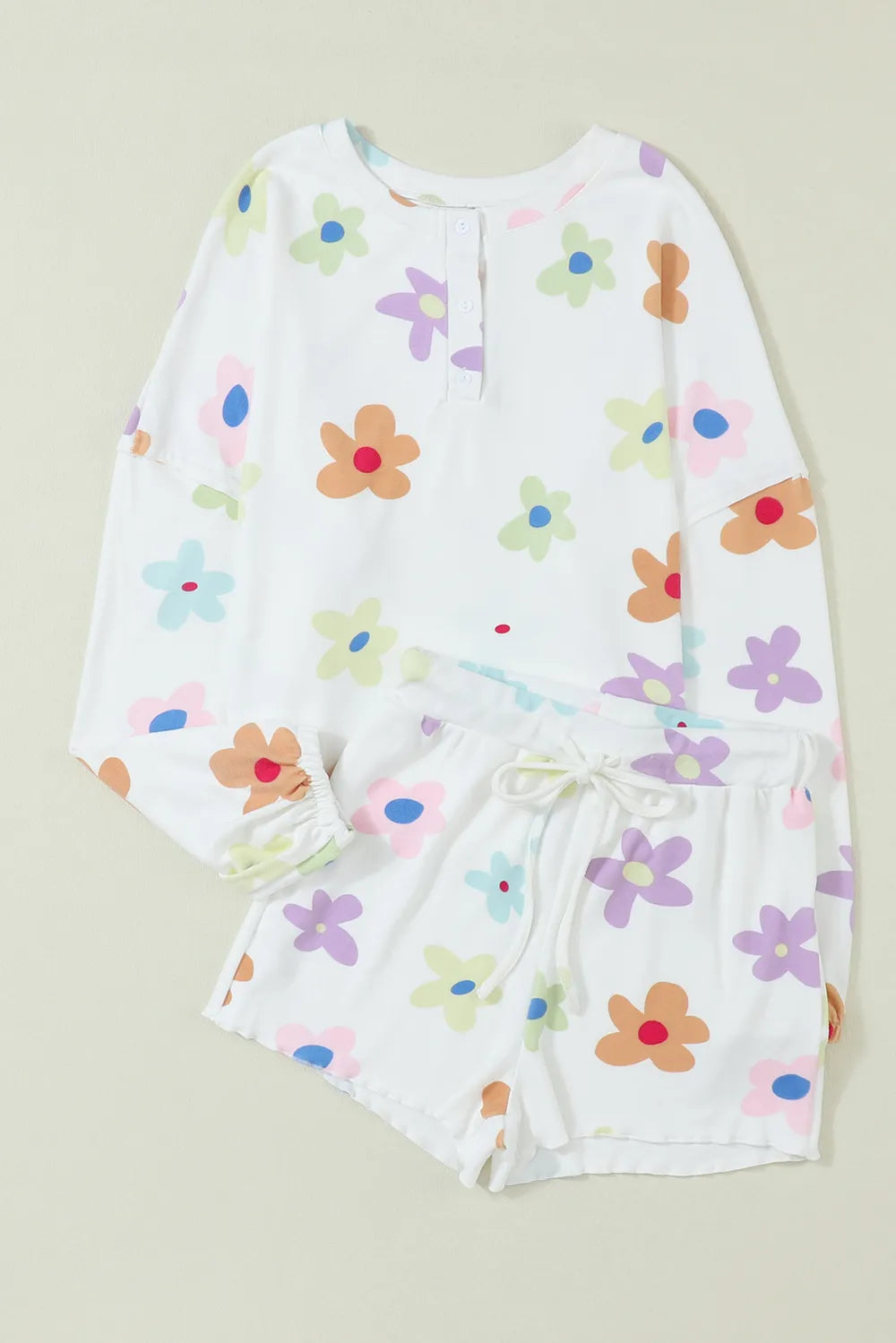 Printed Quarter Button Top and Drawstring Shorts Lounge Set - Ladyez