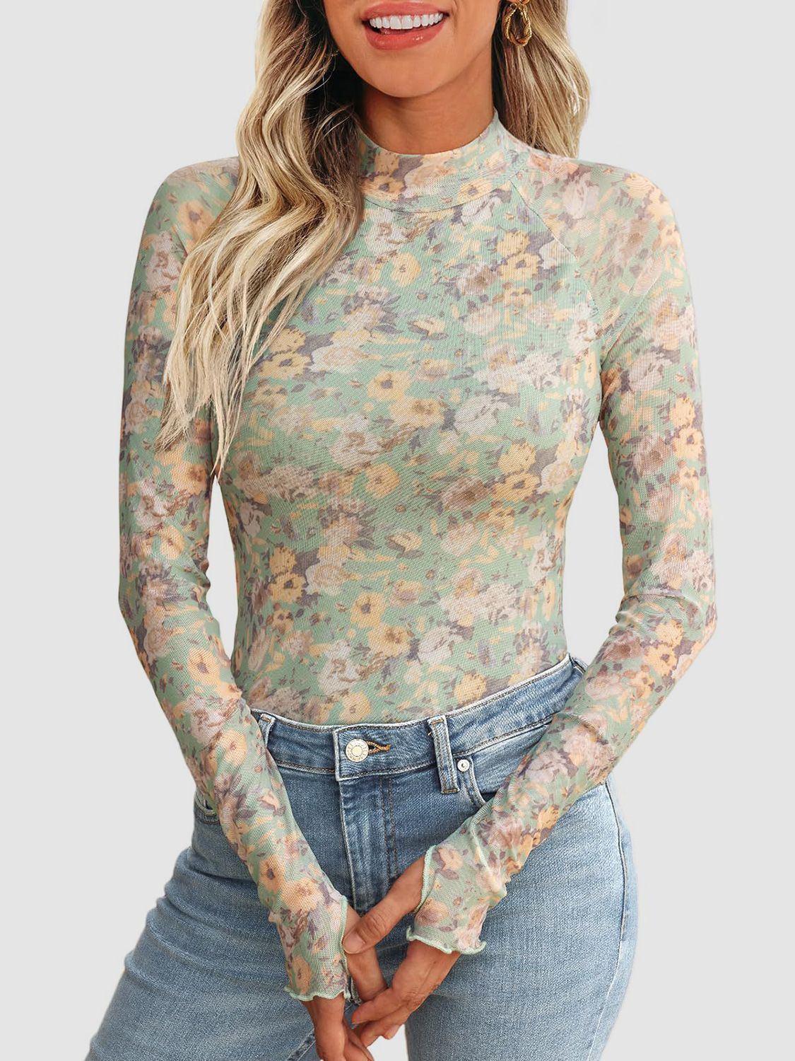 Floral Mock Neck Long Sleeve T-Shirt - Ladyez