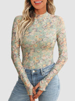 Floral Mock Neck Long Sleeve T-Shirt - Ladyez