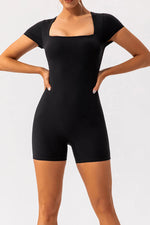 Square Neck Cap Sleeve Active Romper - Ladyez