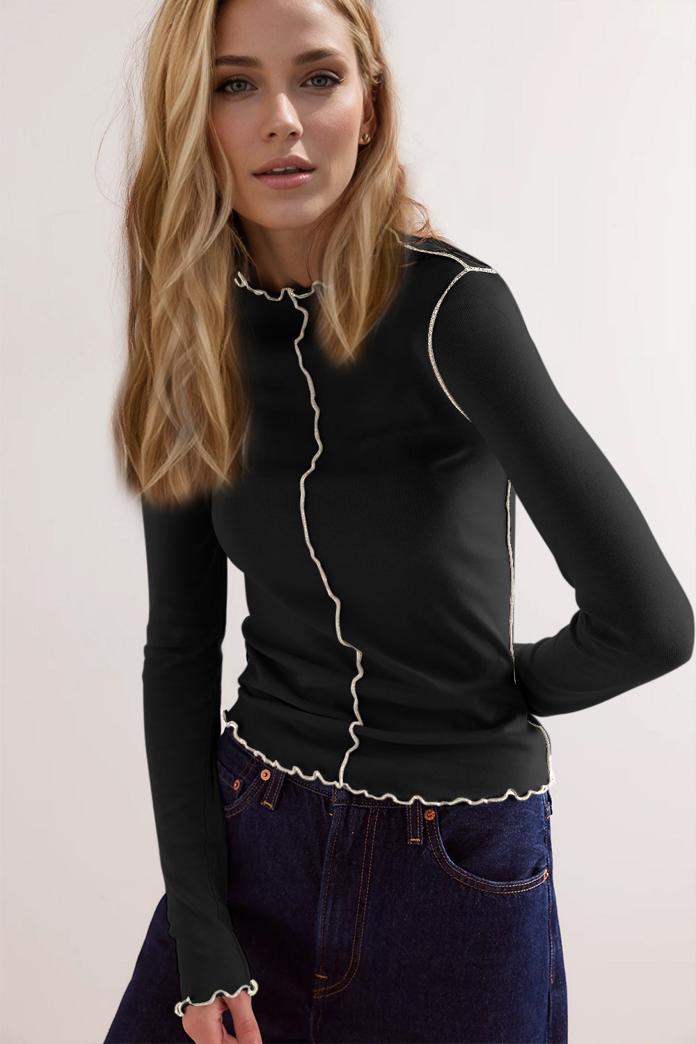 Basic Bae Contrast Trim Mock Neck Long Sleeve T-Shirt - Ladyez