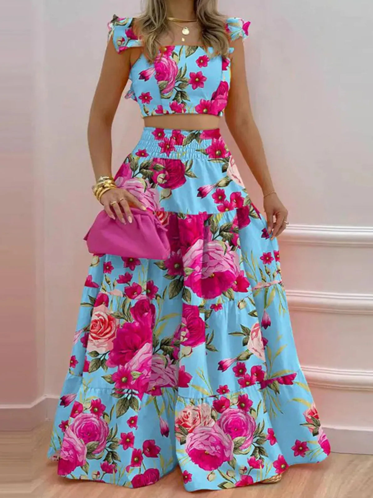 Full Size Ruffled Cami and Tiered Maxi Skirt Set Plus Size - Ladyez