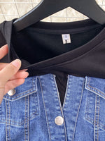 Full Size Denim Patchwork Short Sleeve Slit Back Dress Plus Size
