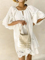 Eyelet Embroidered Tassel Tie Neck Dress