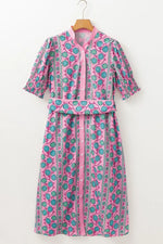 Printed Shirred Sleeve Buttoned Front Midi Dress with Sash
