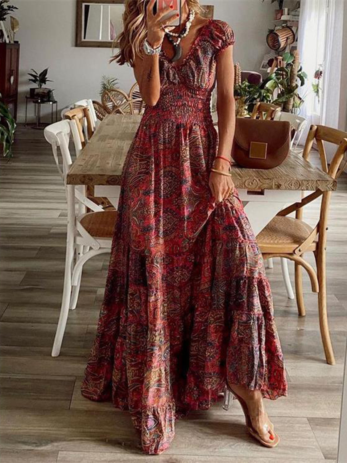 Full Size Smocked Printed V-Neck Short Sleeve Dress - Ladyez
