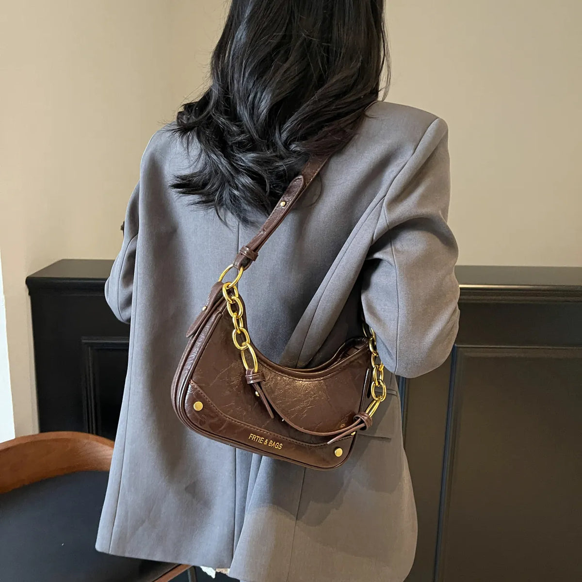 Leather Crescent Shoulder Bag - Ladyez
