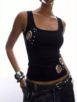 Ribbed Tank Top with Metal Grommet Cutouts and Stud Embellishments