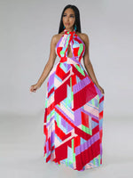 Halter Neck Geometric Print Pleated Maxi Dress