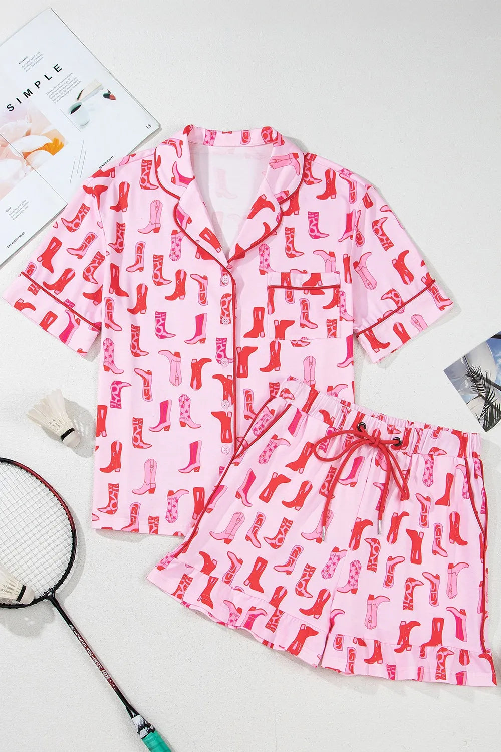 Cowgirl Boots Printed Shirt and Shorts Set - Ladyez