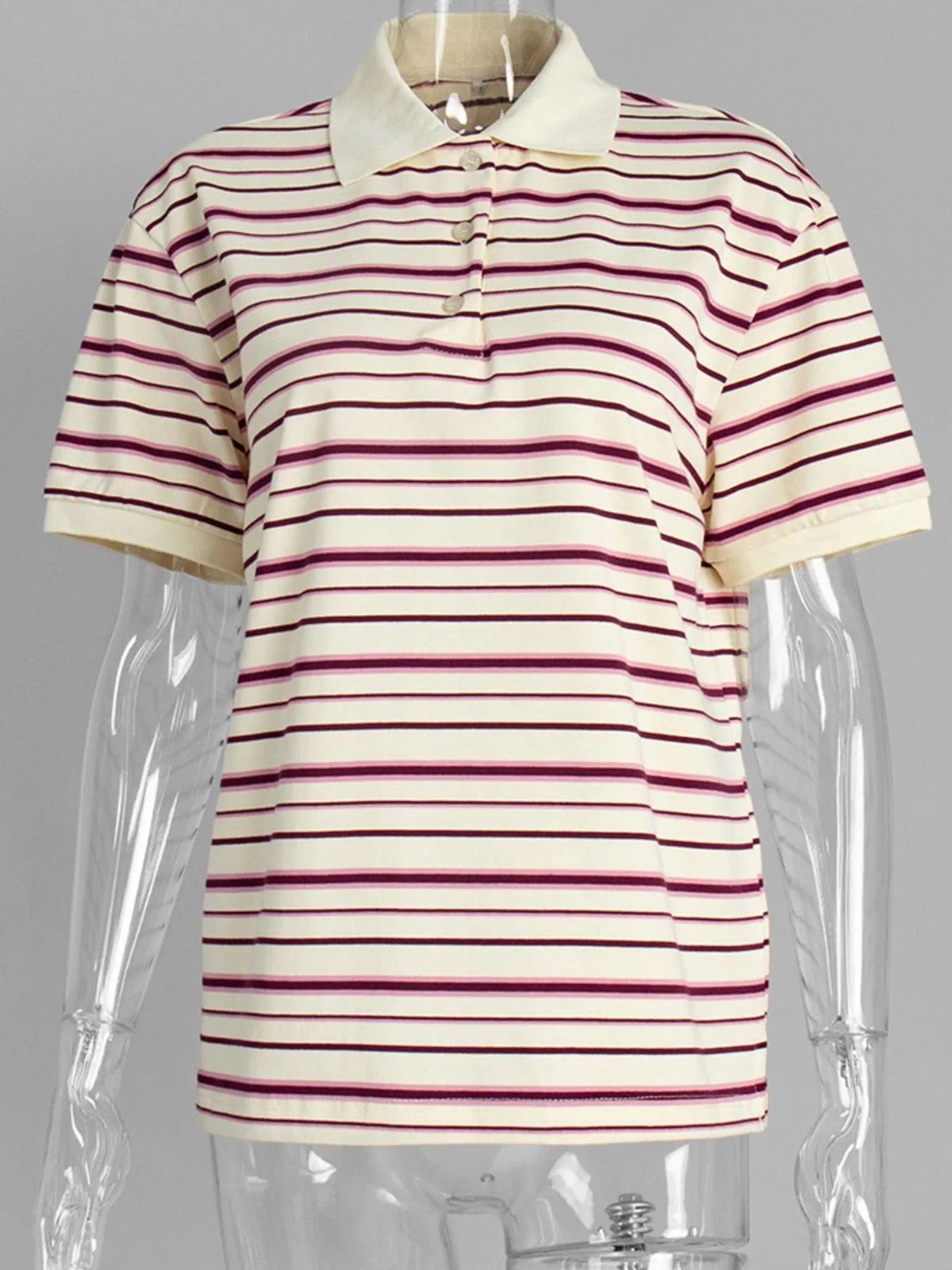 Striped Polo T-Shirt with Contrast Collar - Ladyez