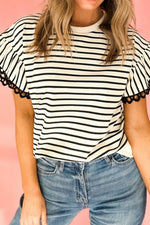 Striped Round Neck Ruffle Sleeve Blouse