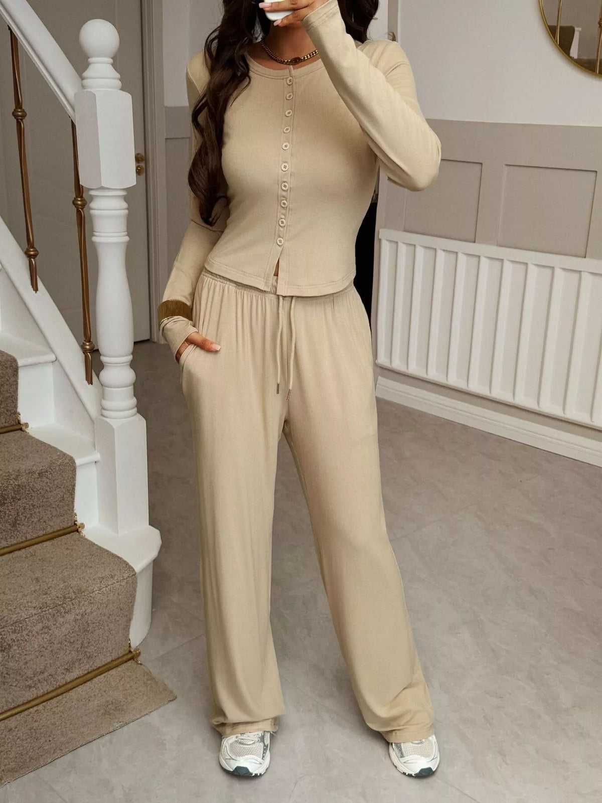 Button-Front Long Sleeve Top & Wide Leg Pants Set