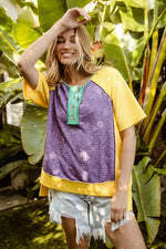 BiBi Mardi Gras Color Block Buttoned Uneven Hem Top