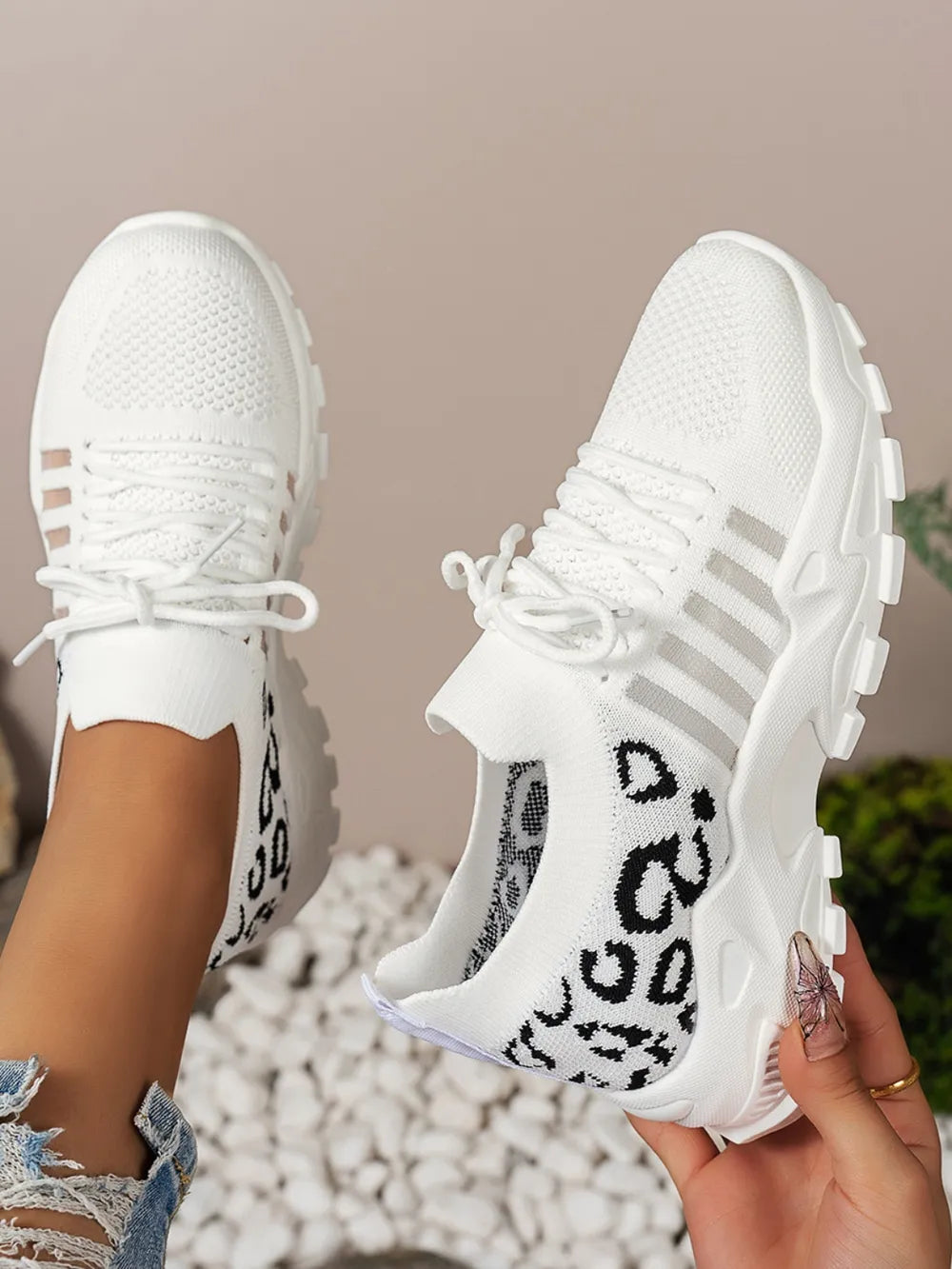 Cutout Leopard Lace Up Mesh Athletic - Ladyez