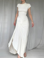 Ruched Slit Cap Sleeve Maxi Dress - Ladyez