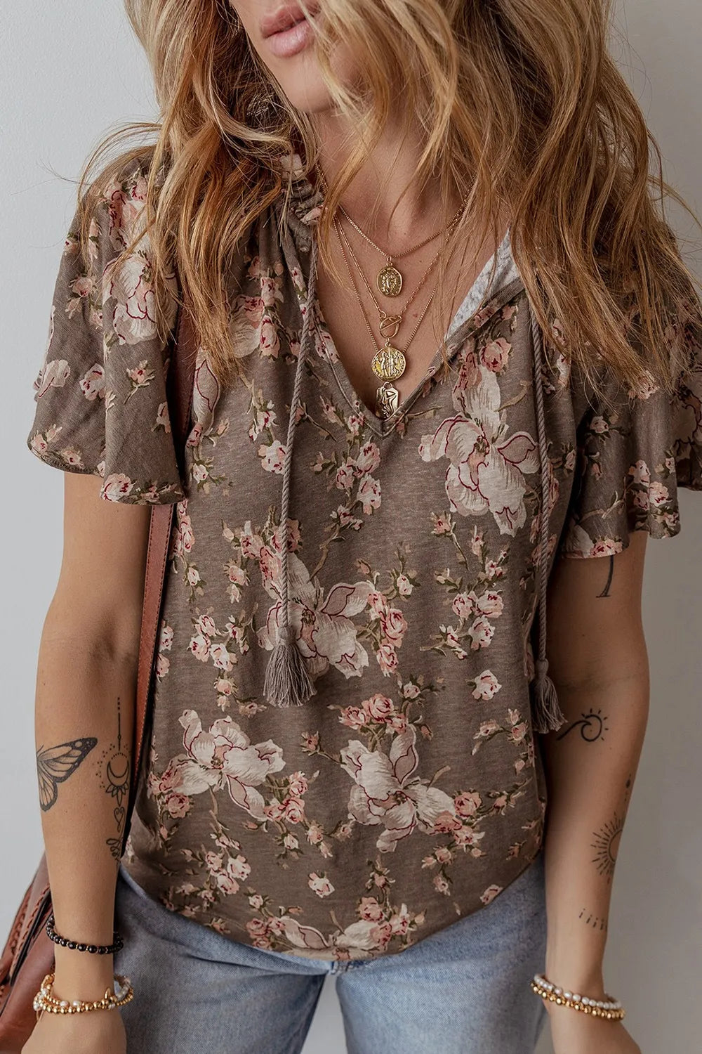 Floral Print Tassel Tie Split Neck Short Sleeve Blouse - Ladyez
