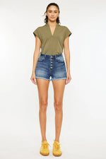 Kancan High Rise Frayed Hem Denim Shorts