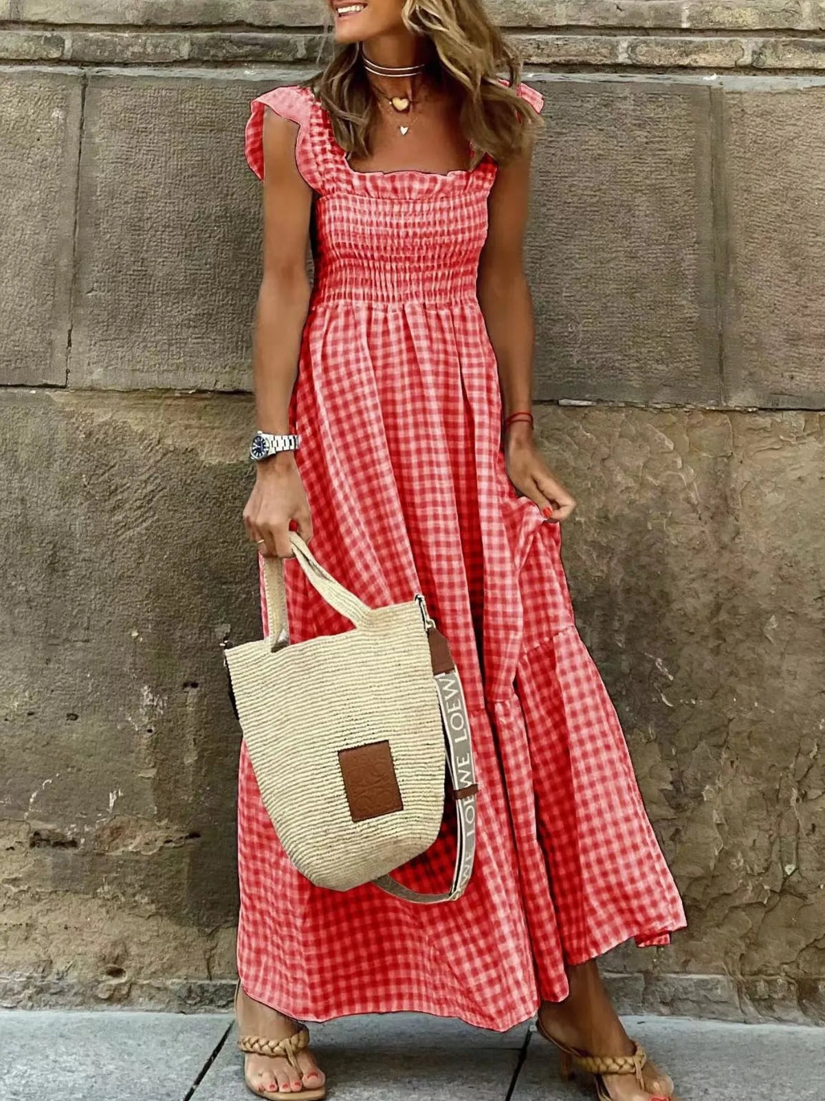 Smocked Gingham Maxi Dress with Ruffle Straps - Ladyez