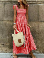 Smocked Gingham Maxi Dress with Ruffle Straps - Ladyez
