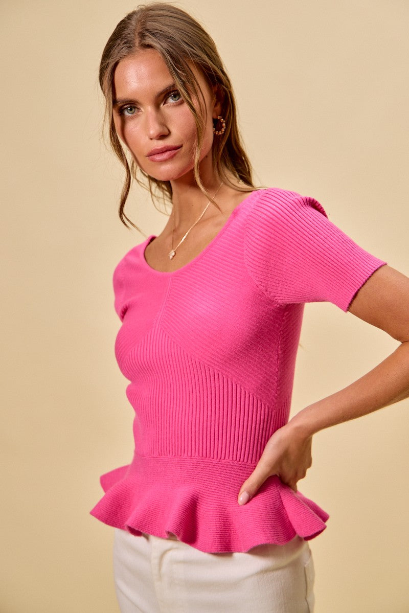SO ME Ribbed Knit Short Sleeves Peplum Sweater Top