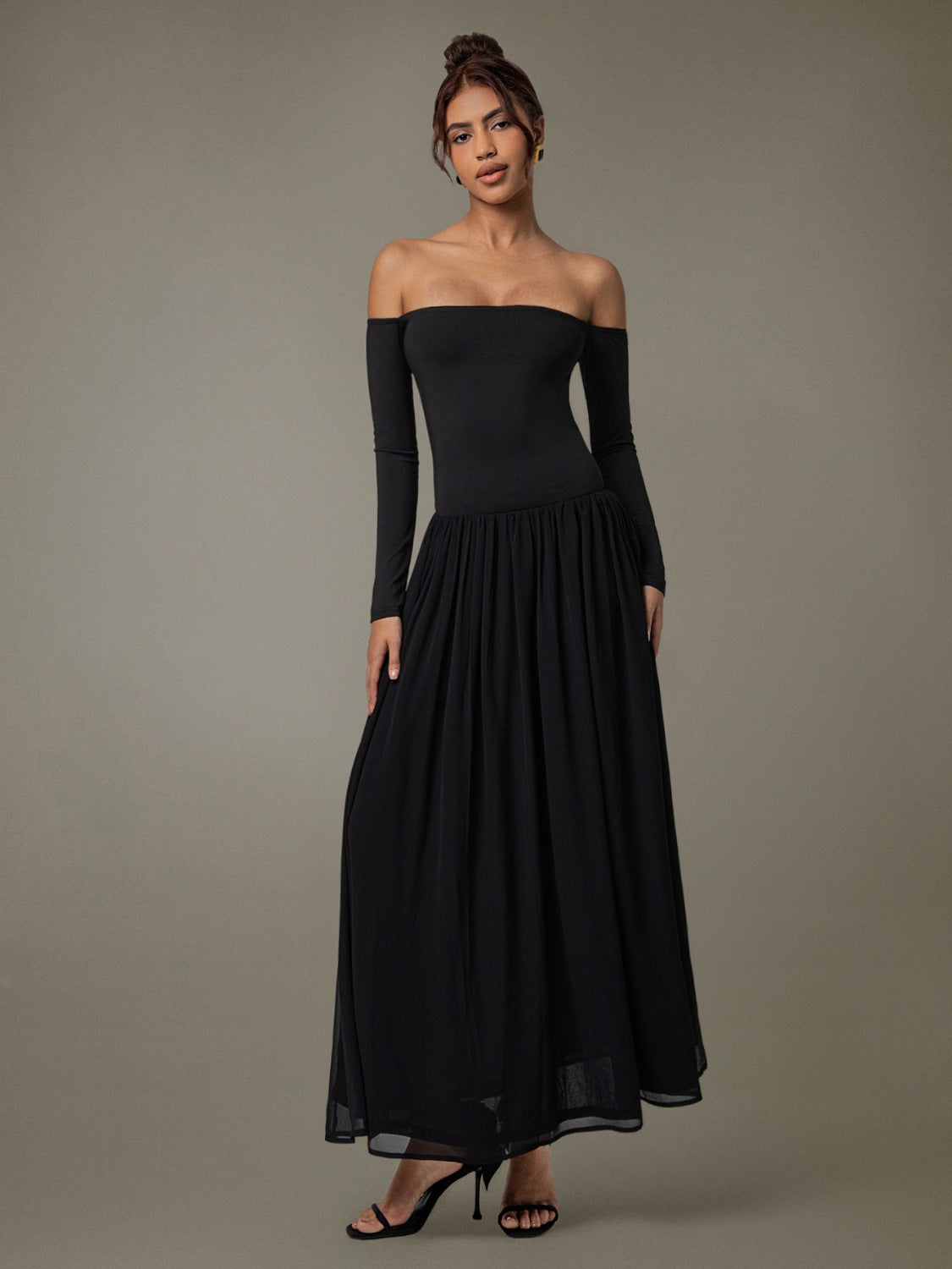 Off Shoulder Long Sleeve Maxi Dress - Ladyez