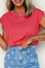 Stripe Ribbed Cap Sleeve Round Neck T Shirt