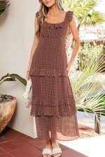 Polka Dot Print Backless Ruffled Tiered Maxi Dress
