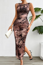 Printed Ruched Slit Sleeveless Midi Dress - Ladyez