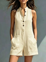 Full Size Sleeveless Button-Front Romper with Pockets Plus Size