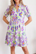 Floral V Collar Short Sleeve Tiered Ruffle Mini Dress