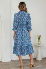 Floral Printed Frilled V Neck Bracelet Sleeve Long Dress