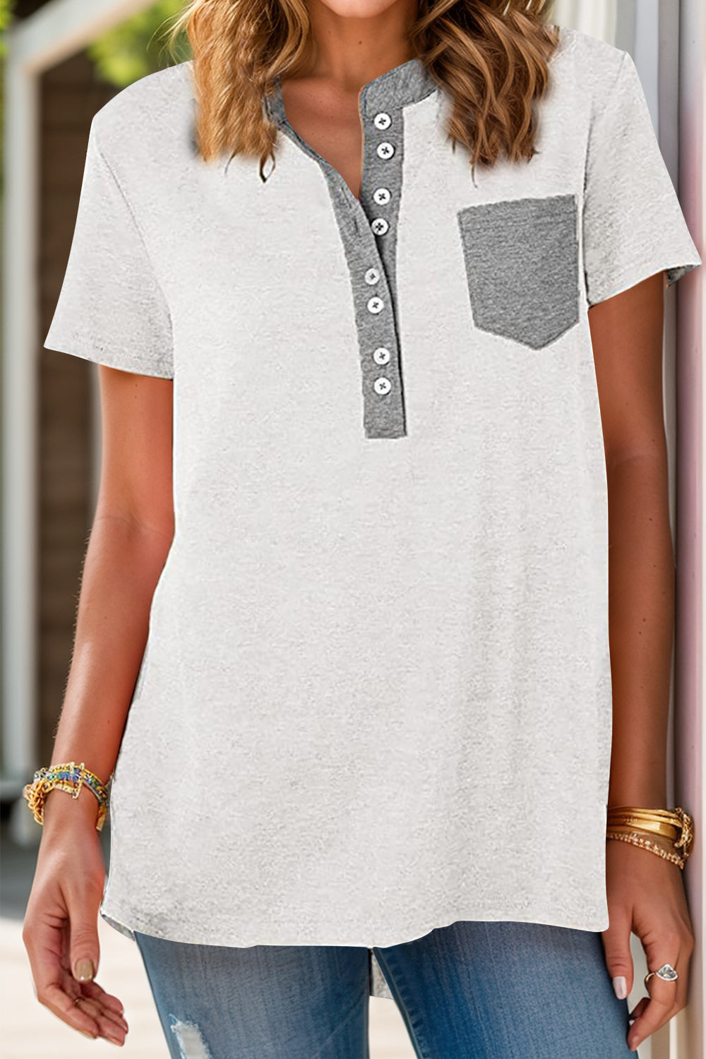 Full Size Half Button Short Sleeve T-Shirt - Ladyez