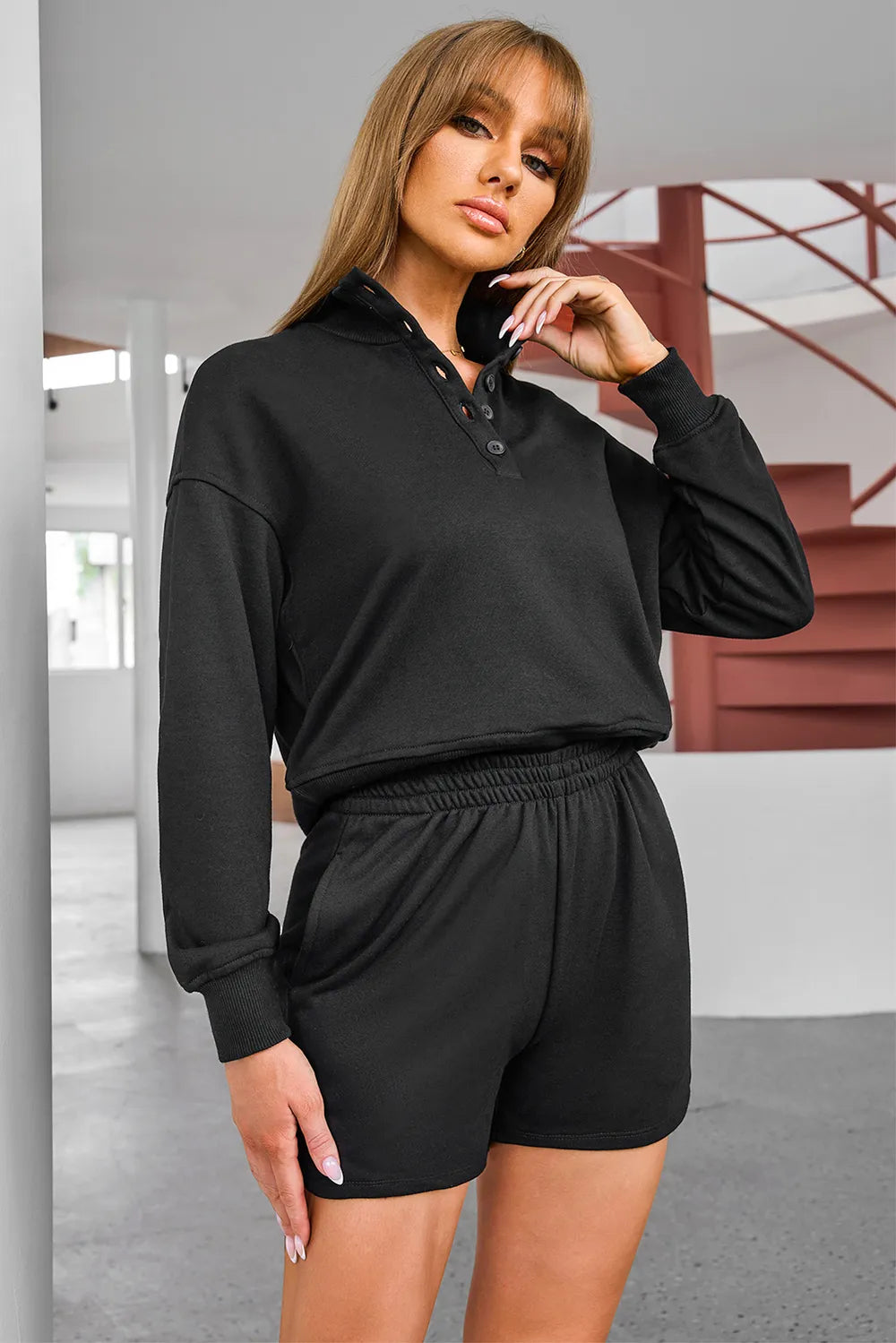 Half Button Sweatshirt and Shorts Active Set - Ladyez