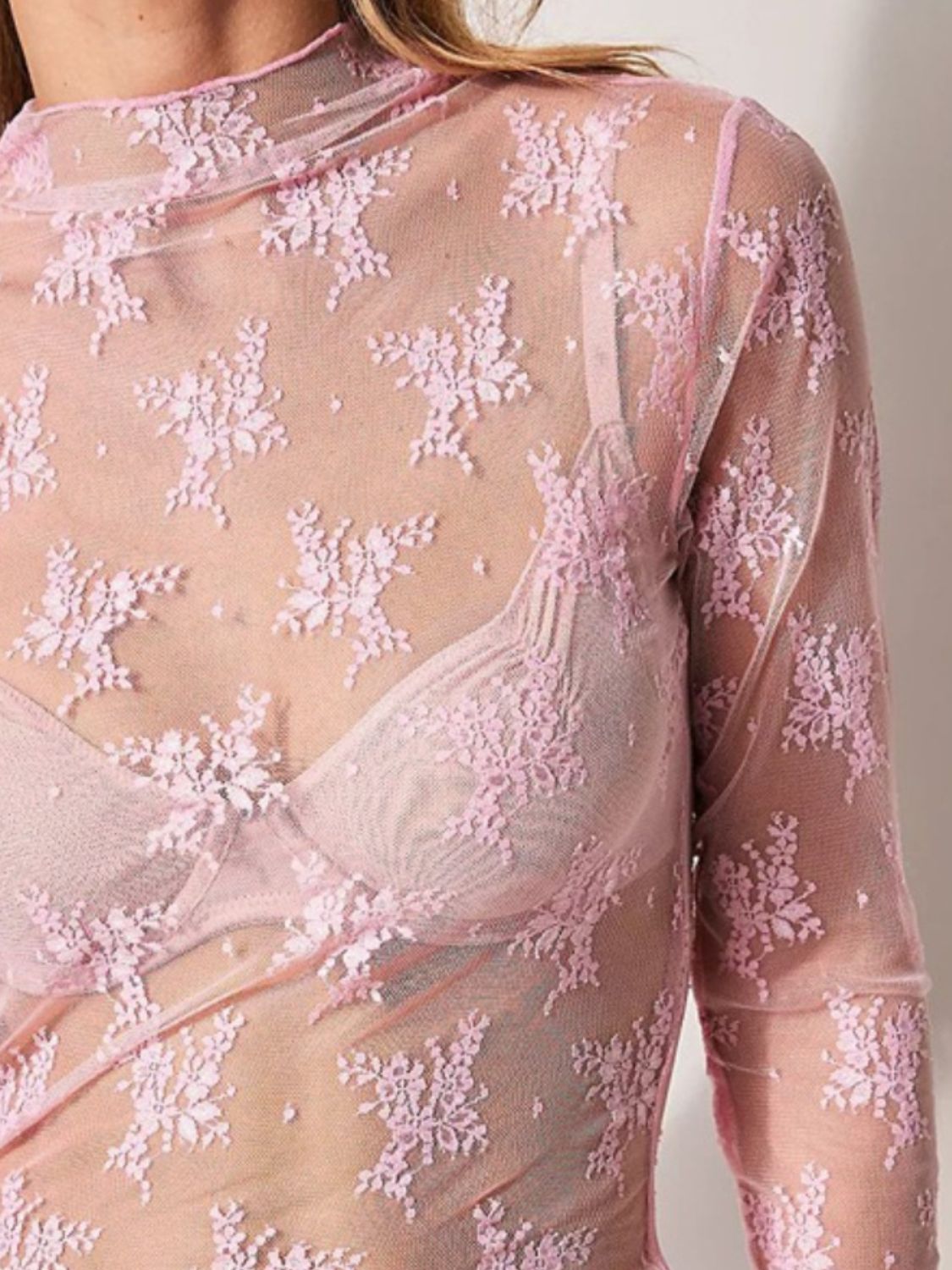 Lace Mock Neck Long Sleeve Blouse - Ladyez