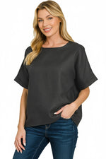 Zenana Linen Round Neck Cuffed Sleeve Top