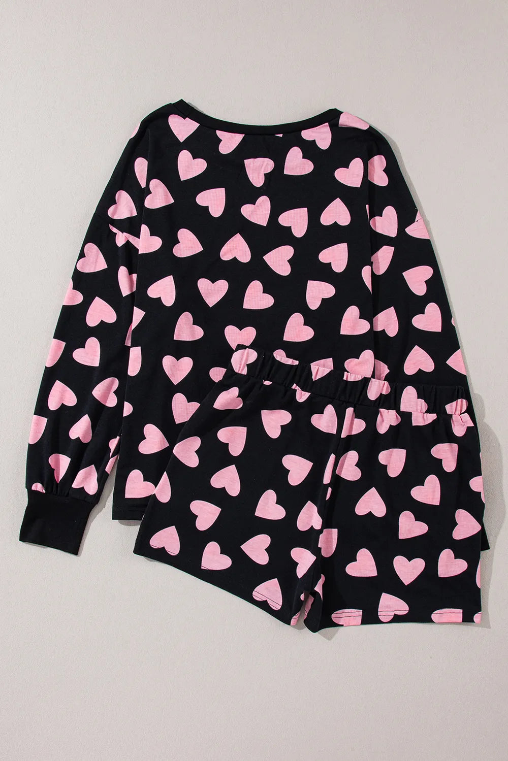 Heart Print Long Sleeve Top and Shorts Lounge Set - Ladyez