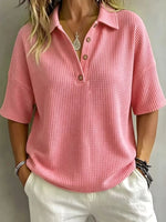 Full Size Waffle Knit Polo Top with Button Detail Plus Size