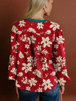 Contrast Tied Neck Shirred Puff Sleeve Flower Blouse