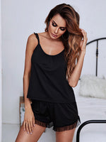 Gathered Detail Spliced Mesh Sleeveless Top and Shorts Lounge Set - Ladyez