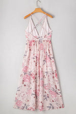 Floral Pleated Deep V Backless Maxi Dress