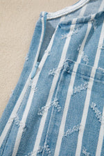 Striped Distressed Ruffled Wide Leg Denim Overalls
